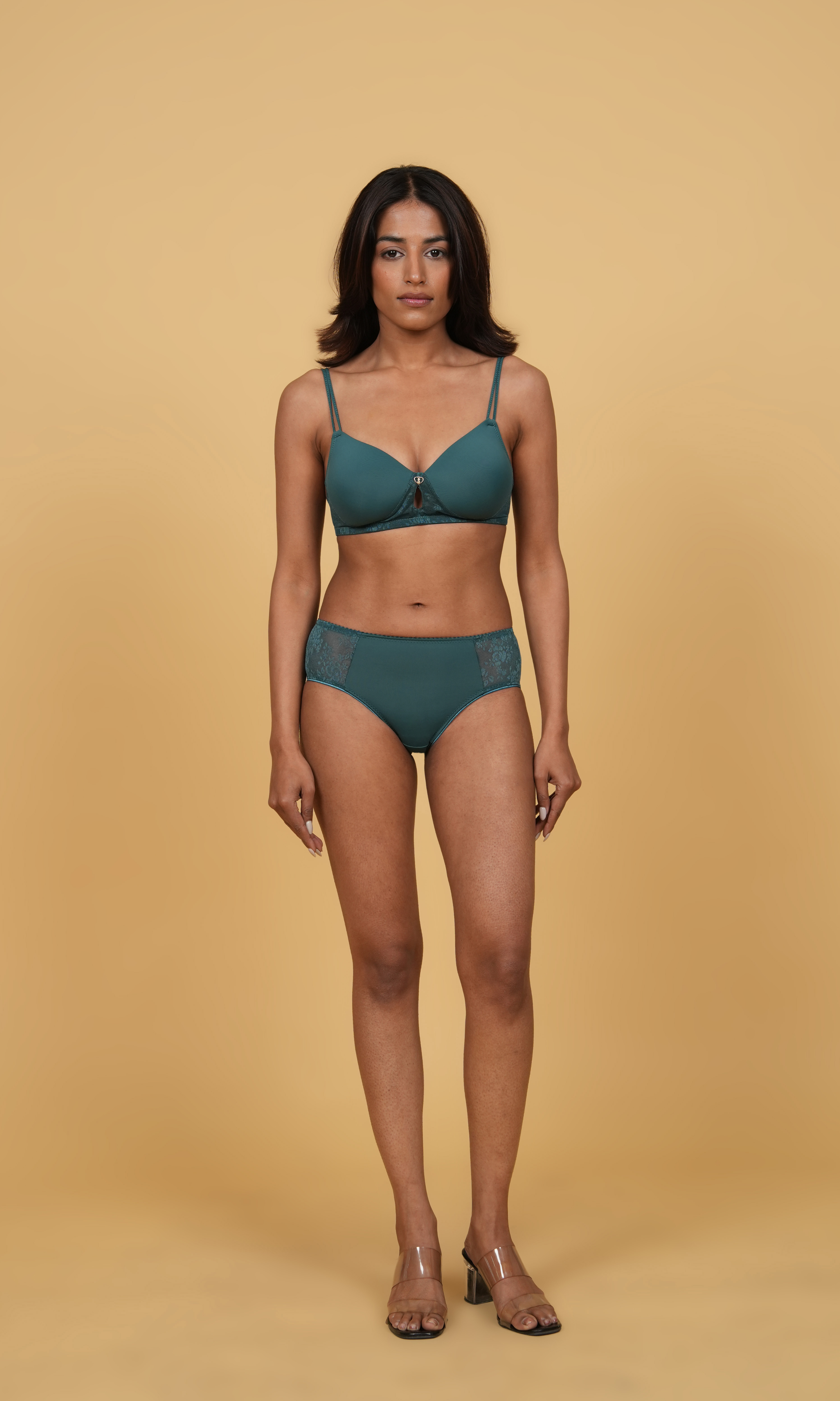 Padded Non-Wired Seamless Lace Bra & Mid-Waist Lace Brief Set