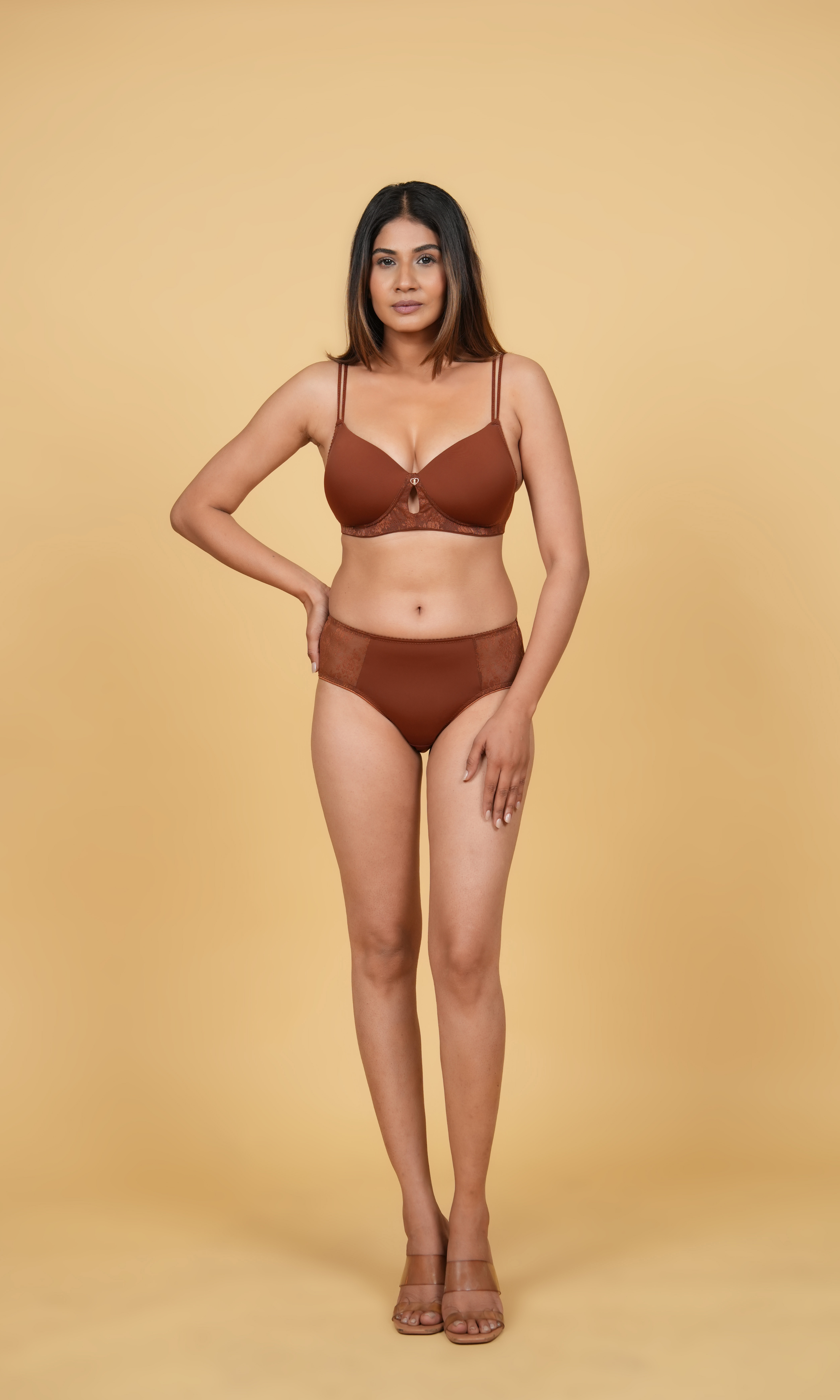 Padded Non-Wired Seamless Lace Bra & Mid-Waist Lace Brief Set