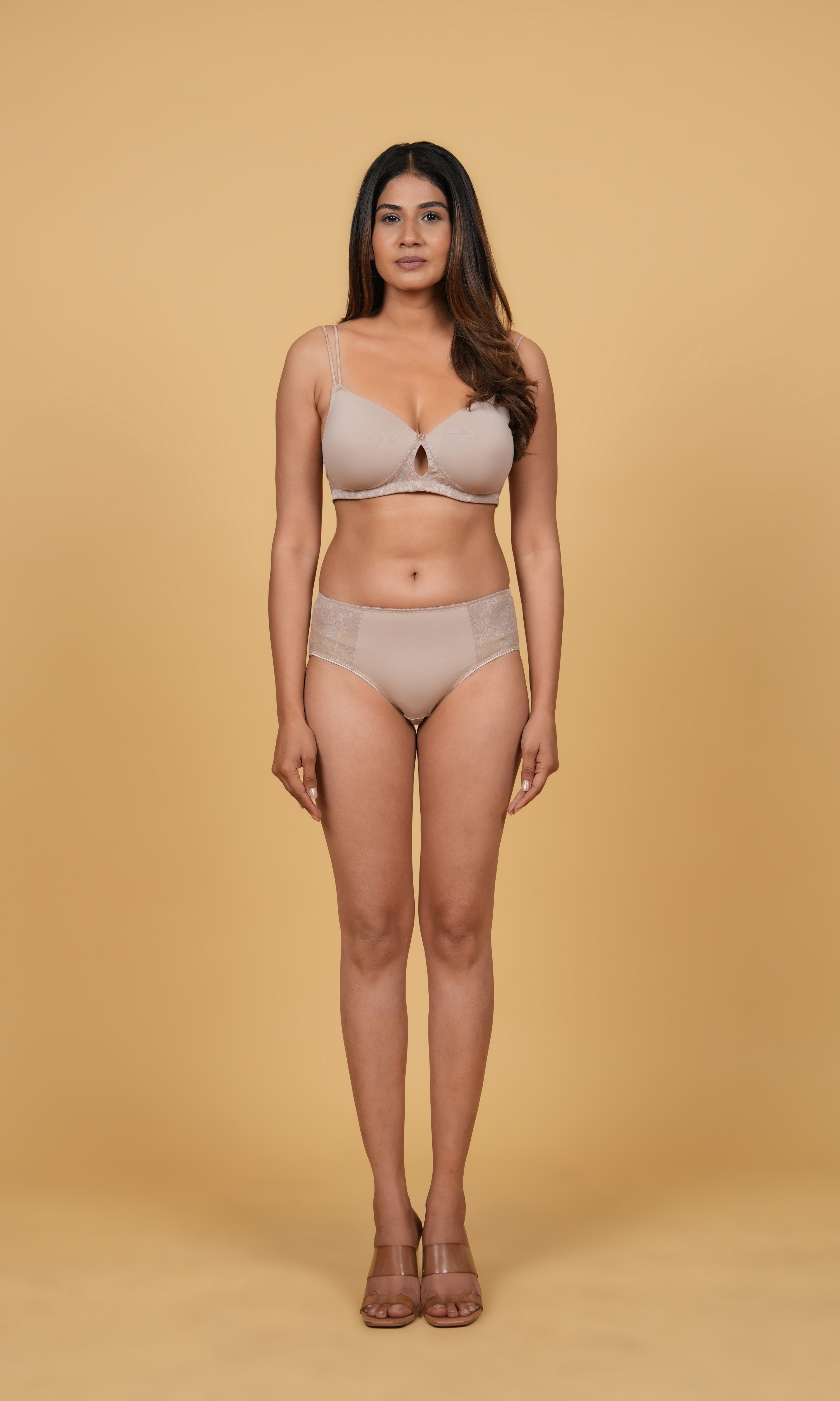 Padded Non-Wired Seamless Lace Bra & Mid-Waist Lace Brief Set