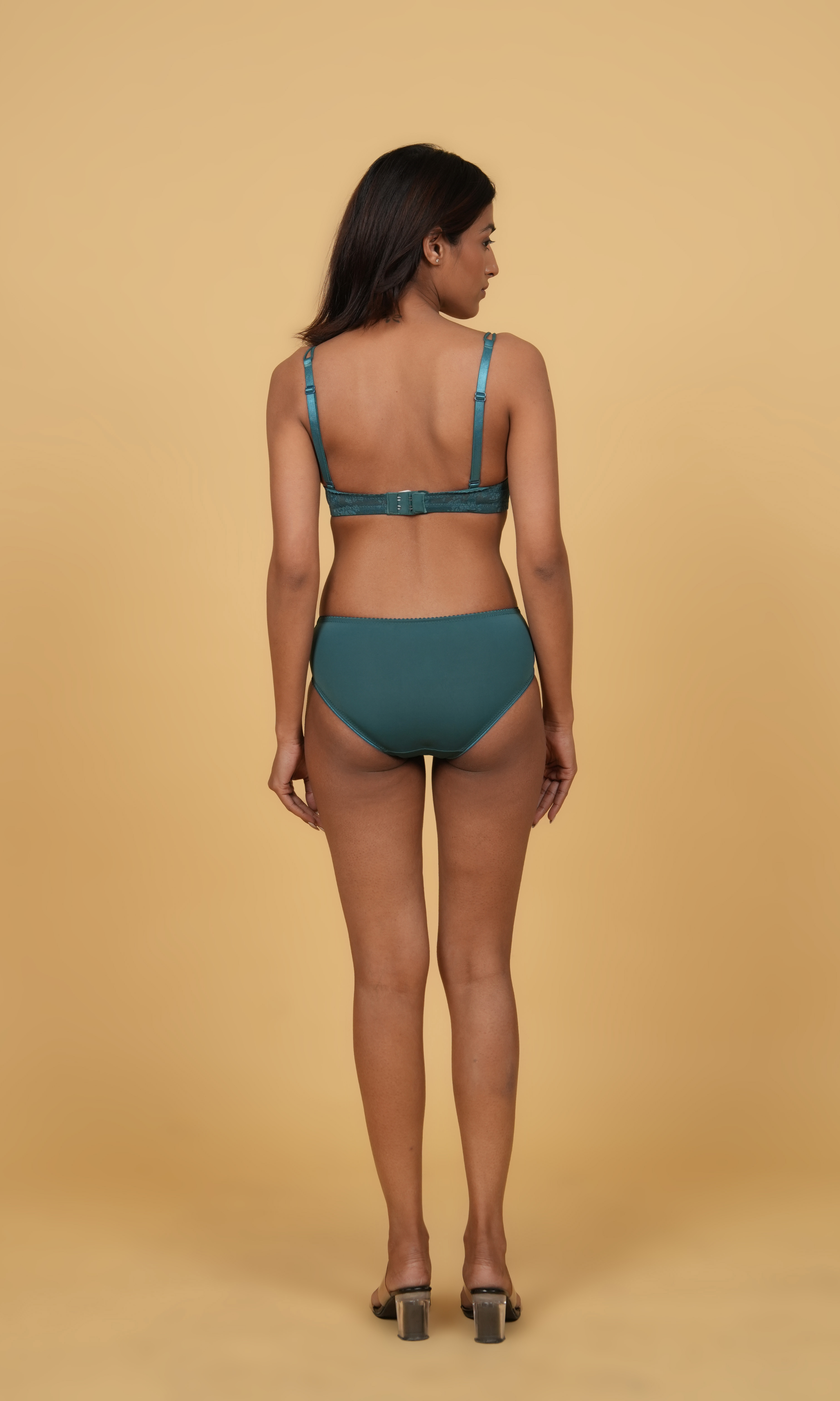 Padded Non-Wired Seamless Lace Bra & Mid-Waist Lace Brief Set